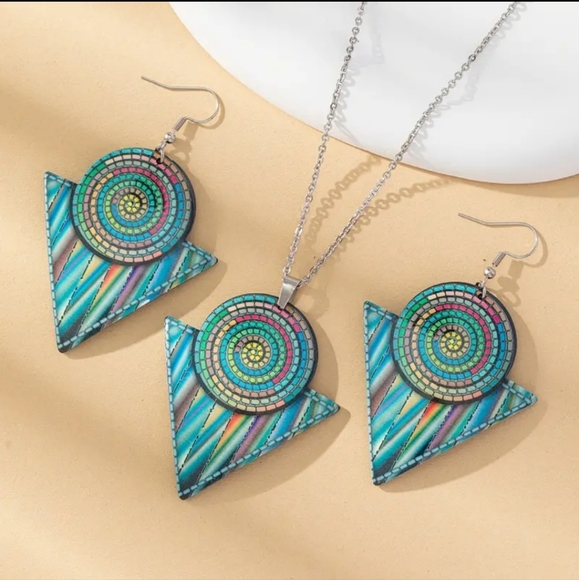 Boho Jewelry - Colorful Boho Style Jewelry Set With Pendant Necklace & Drop Earrings For Women